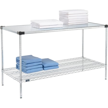 Nexel 2 Shelf, Chrome Wire Shelving Unit, Starter, 1 Solid Shelf, 60inW x 18inD x 34inH B3124317